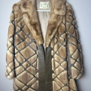 Elegant Women's Brown & Tan Mink & Leather Patchwork Coat